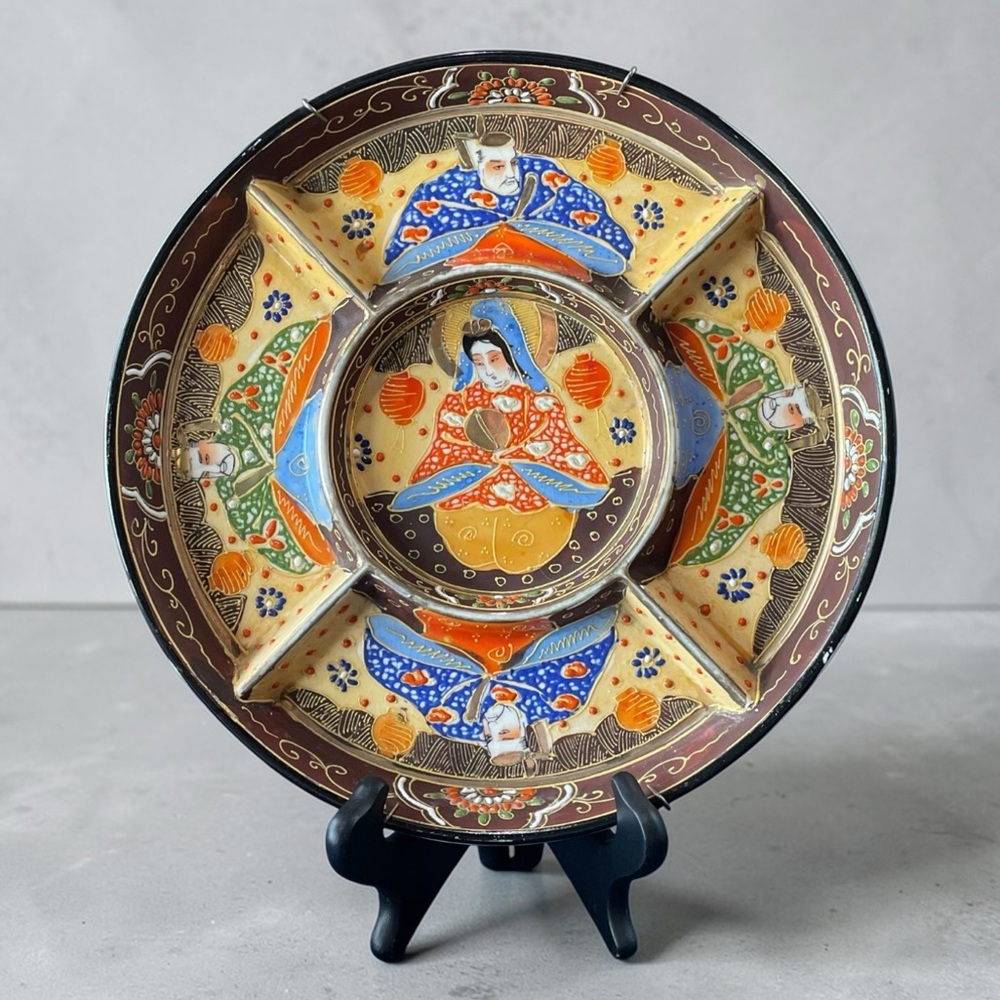 VINTAGE Japanese Serving Platter Satsuma Pottery Geisha Divided Brown Nut Dish